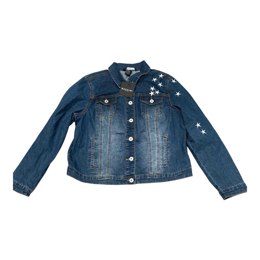 Baccini Womens Star Denim Jacket Blue Jean Trucker Large NEW